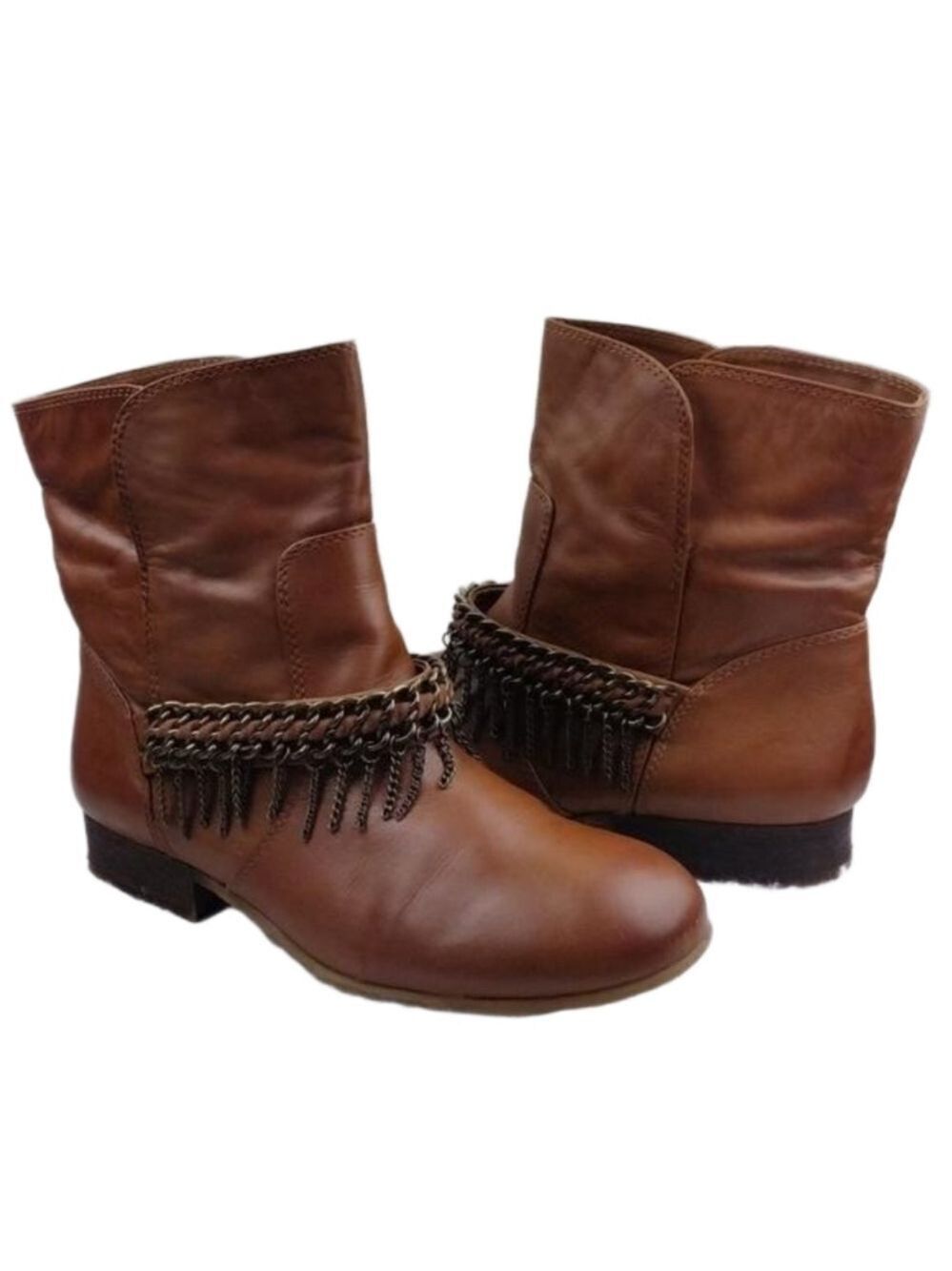 Kenneth Cole Reaction King Dom Chain Tan Leather Round Toe Low Heel Ankle Boot